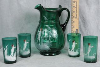 L242 HD BLOWN & PAINTED 1950s BOHEMIAN 5 PC MARY GREGORY DEEP EMERALD