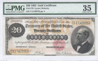 20 Gold Certificate 1882 FR1178 Lyons Roberts PMG Choice Very Fine 35