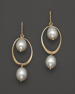 14K Yellow Gold Curved Oval Frame Pearl Earrings