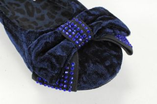 Kathy Van Zeeland Blue Cruched Velvet Ballet Flats 9M Embellished Bows
