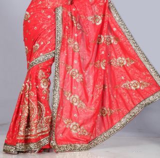 Red Bridal Georgette Heavy Sequin Embroidery Sari Saree