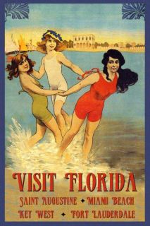 Visit Florida Miami Key West Girls Beaches Travel Vintage Poster Repro