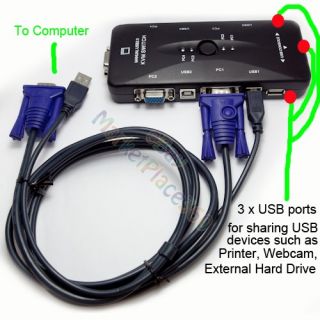 USB 4 Port KVM Switch 4 Cable Mouse Keyboard Monitor