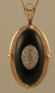 HUGE 1 of a Kind Black Onyx .94ct Marquise Round Diamond 14k Pendant