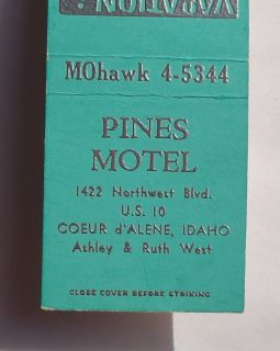 1950s Matchbook Pines Motel 1422 Northwest Blvd Route 10 Coeur DAlene