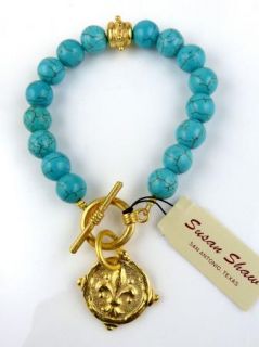 24KT Turquoise Bead Fleur de Lis Medallion Necklace Susan Shaw