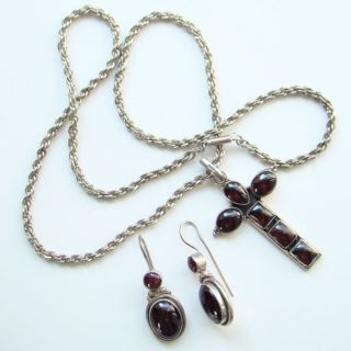 Silver Garnet Pendant Necklace Pierced Earrings Krementz Chain