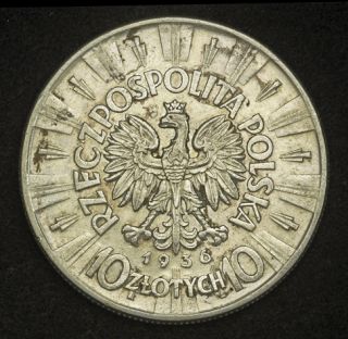 1936 Poland 2nd Republic Large Silver 10 Zlotych Coin Józef Pilsudski