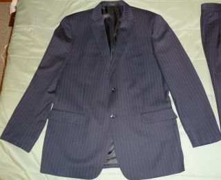 Mens Blue Pinstripe Suit 46 L Long 40x34 Jones New York Wool Jacket