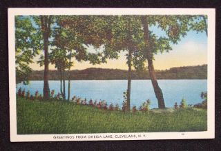 1940s Linen Oneida Lake Greetings Cleveland NY Oswego C