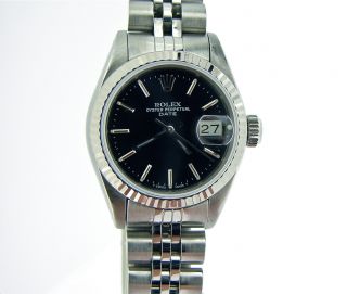 Ladies Rolex Datejust Stainless Steel Watch w/18K Gold Bezel & Black