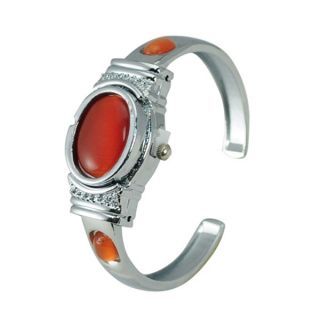 Vintage Orange Cats Eye Stone Silver Cuff Bangle Bracelet Flip Watch