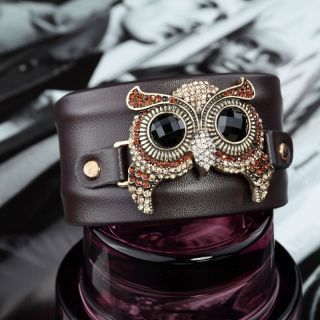 Bendable Rhinestone Owl Leather Cuff Bracelet Brown
