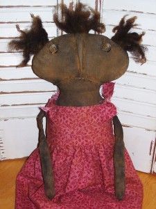 Primitive Grungy Black Folk Art Valentines Doll Lavina Pink