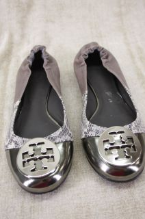 Tory Burch Lee Lee Tricolor Taupe Grey Leather Platinum Snake Flats 6