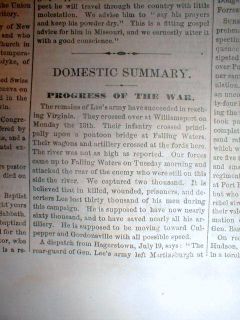 1863 Civil War Newspaper Lees Confederate Army Retreats aft Battle of