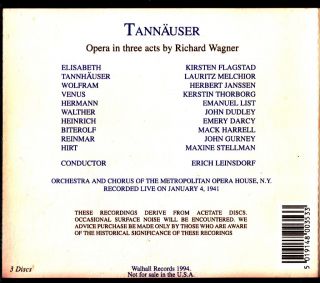 Wagner Tannhauser 3 CD Leinsdorf Met 1941 Flagstad Melchior Janssen