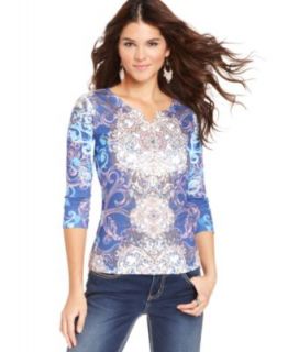 Style&co. Petite Top, Three Quarter Sleeve Printed Henley   Womens