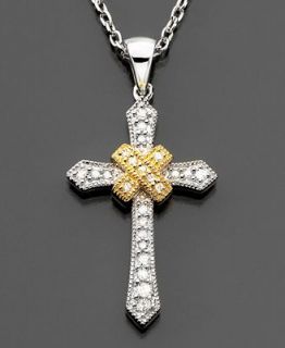 14k Gold & Sterling Silver Diamond Cross Pendant (1/10 ct. t.w.)