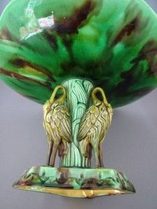 Victorian English Majolica Heron & Water Lily Comport Minton George
