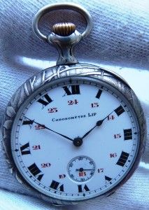 Rare! Antique hunting scene silver case Lip Chronometer pocket watch