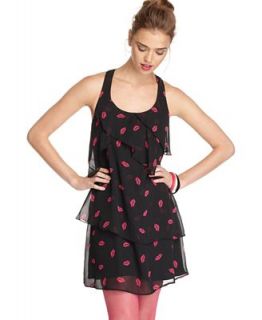 Degrees Juniors Dress, Sleeveless Scoopneck Sheer Ruffled Kiss Print