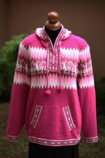 Hooded Hood Alpaca Wool Woolen Llamas Peru Sweater Sz M Fuchsia