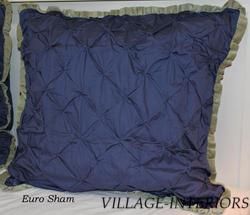 Rose Valley Navy Blue Pintuck w Green Velvet Ruffle Trim Euro Pillow