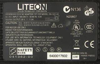 Liteon 20V 11A 4 Pin DIN 220W AC Adapter 100 240V Input PS 1221 03