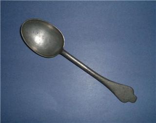 set of 8 antique pewter soup spoons are 7 1/2 long, marked Lange Mott