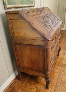 Antique French Secretary Desk Louis IV Carved Dropfront Oak Shell
