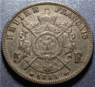 of France 900 Silver Five Francs Paris Mint Louis Napoleon III