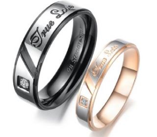 Stainless Steel Wedding Band True Love Engraved w/GEM Couple Rings