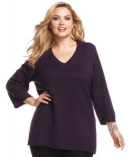 Karen Scott Plus Size Sweater, Three Quarter Sleeve Marled V Neck