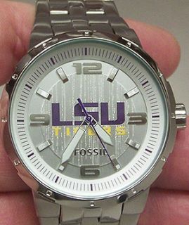 LSU Tigers analog watch. Silver logo dial is set on a textured