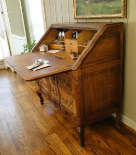 Antique French Secretary Desk Louis IV Carved Dropfront Oak Shell