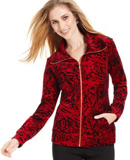 Style&co. Petite Jacket, Zip Front Printed Velour   Womens Petite