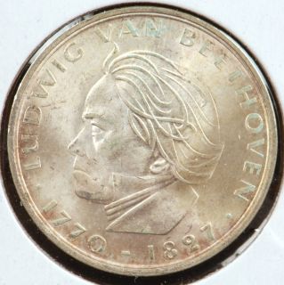 1970F Germany Ludwig Van Beethoven Commemorative Silver 5 Mark Coin BU