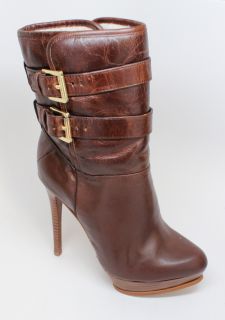 Michael Kors Womens Mae Buckle Platform Stiletto Mid Calf Brown Boot