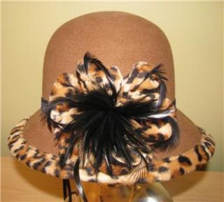 Magid Camel Beige Wool Felt Cloche Hat w Leopared and Feather Trim