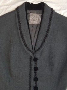Press Vtg 40s 50s Wool Gray Black Velvet Trim Suit Jacket Skirt