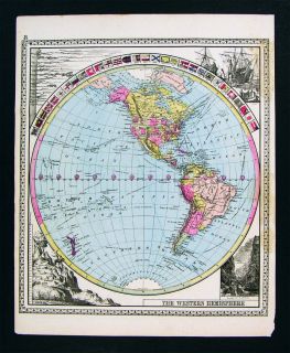 1885 Tunison Map Western Hemisphere World North South America United