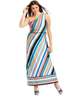 Love Squared Plus Size Dress, One Shoulder Striped Belted Maxi
