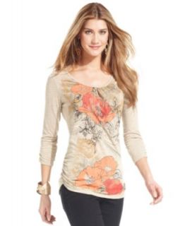 Style&co. Petite Top, Three Quarter Sleeve Ruched Floral Print
