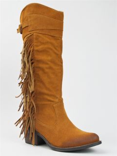 New Qupid Casual Western Cowboy Fringe Knee High Heel Boot Tan Rust