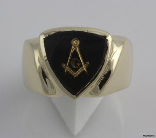 Genuine Onyx Blue Lodge Emblem Masonic Band   10k Yellow Gold Masons