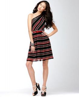 M60 Miss Sixty Dress, Sleeveless Ruched One Shoulder Striped Belted A