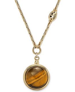 Fossil Necklace, Gold tone Tigers Eye Bead Pendant Necklace