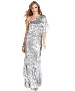 Adrianna Papell Dress, Short Sleeve One Shoulder Metallic Lace Gown