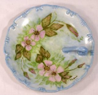 Vintage Hand Painted Porcelain Blue Nappy Dish Signed